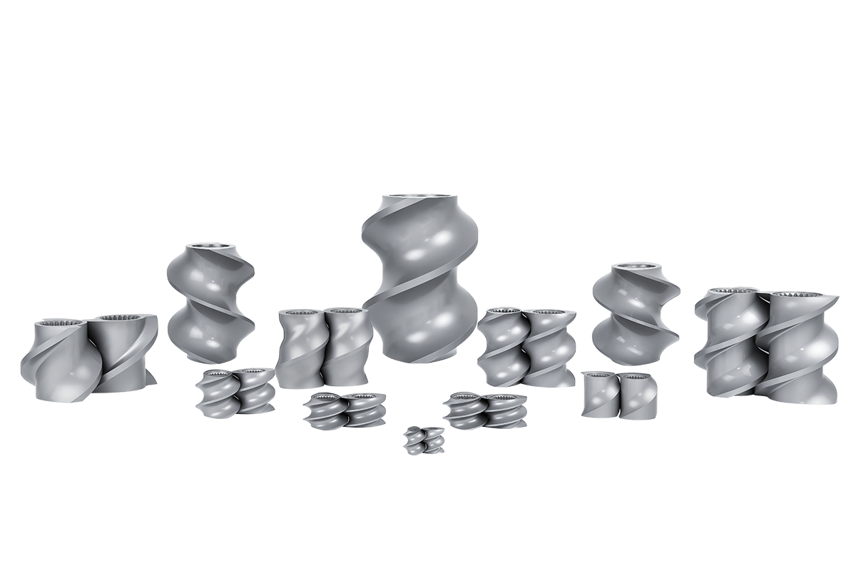 High-efficiency screw elements for conveying, feeding, ventingand pressure control in twin screw extrusion.